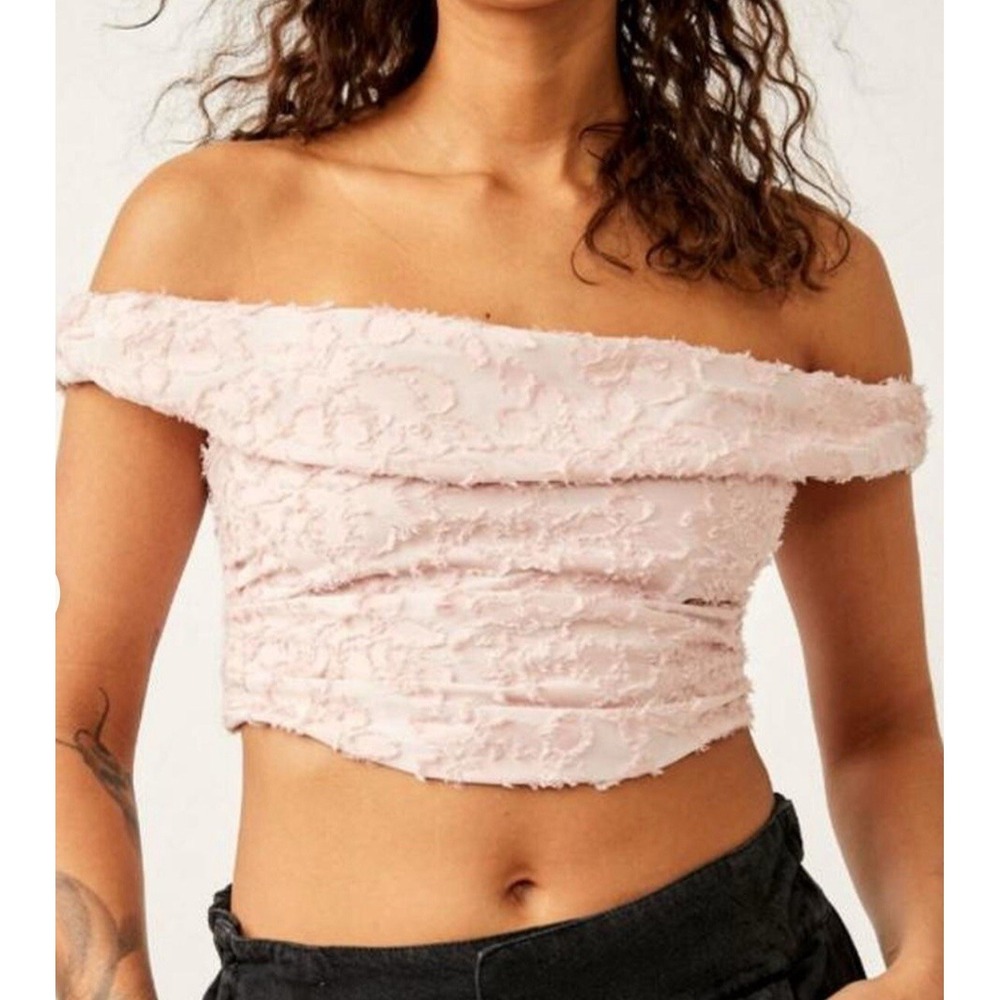 NWOT Free People Castille Corset Top Sz M Pink Off the Shoulder Crop Rose Smoke